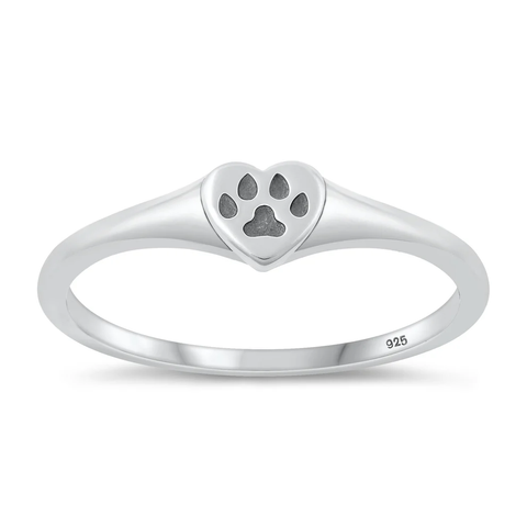 Sterling Silver Oxidized Paw Print And Heart Ring