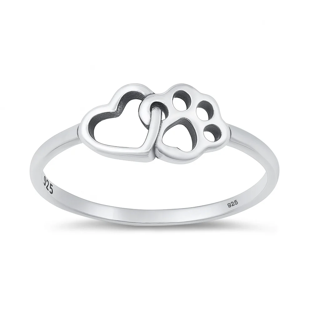 Sterling Silver Oxidized And Polished Heart And Paw Print Ring