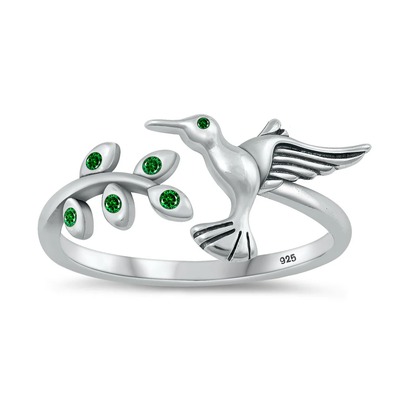 Sterling Silver Rhodium Plated Hummingbird Emerald CZ Ring