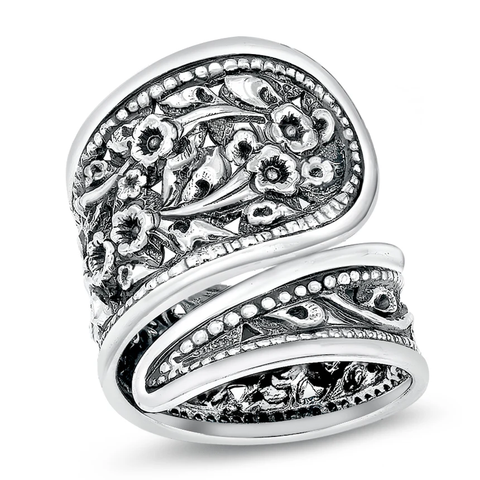 Sterling Silver Oxidized 26.1mm Thai Floral Design Ring