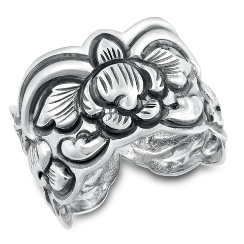 Sterling Silver Oxidized 15.2mm Floral Design Ring