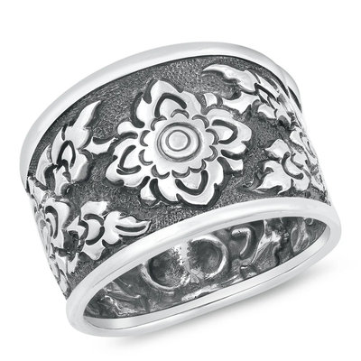 Sterling Silver Oxidized 16.6mm Thai Floral Design Ring