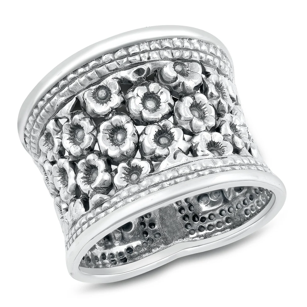 Sterling Silver Oxidized 21.1mm Thai Floral Design Ring