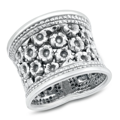 Sterling Silver Oxidized 21.1mm Thai Floral Design Ring