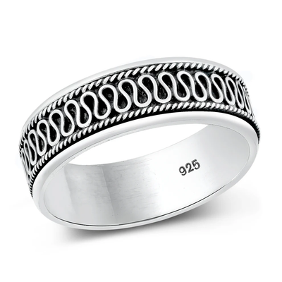 Sterling Silver Oxidized 6.8mm Wave Spinner Bali Design Ring