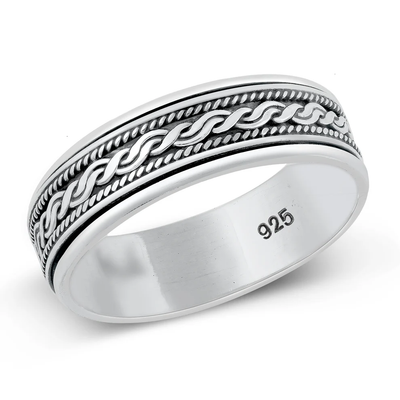 Sterling Silver Oxidized 6.8mm Spinner Bali Design Ring