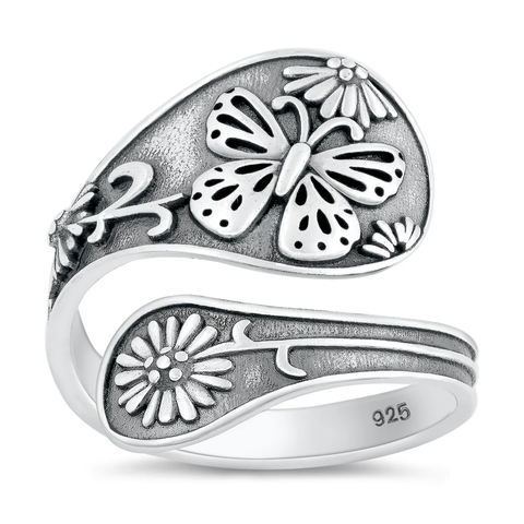 Sterling Silver Oxidized Spoon With Butterfly Ring