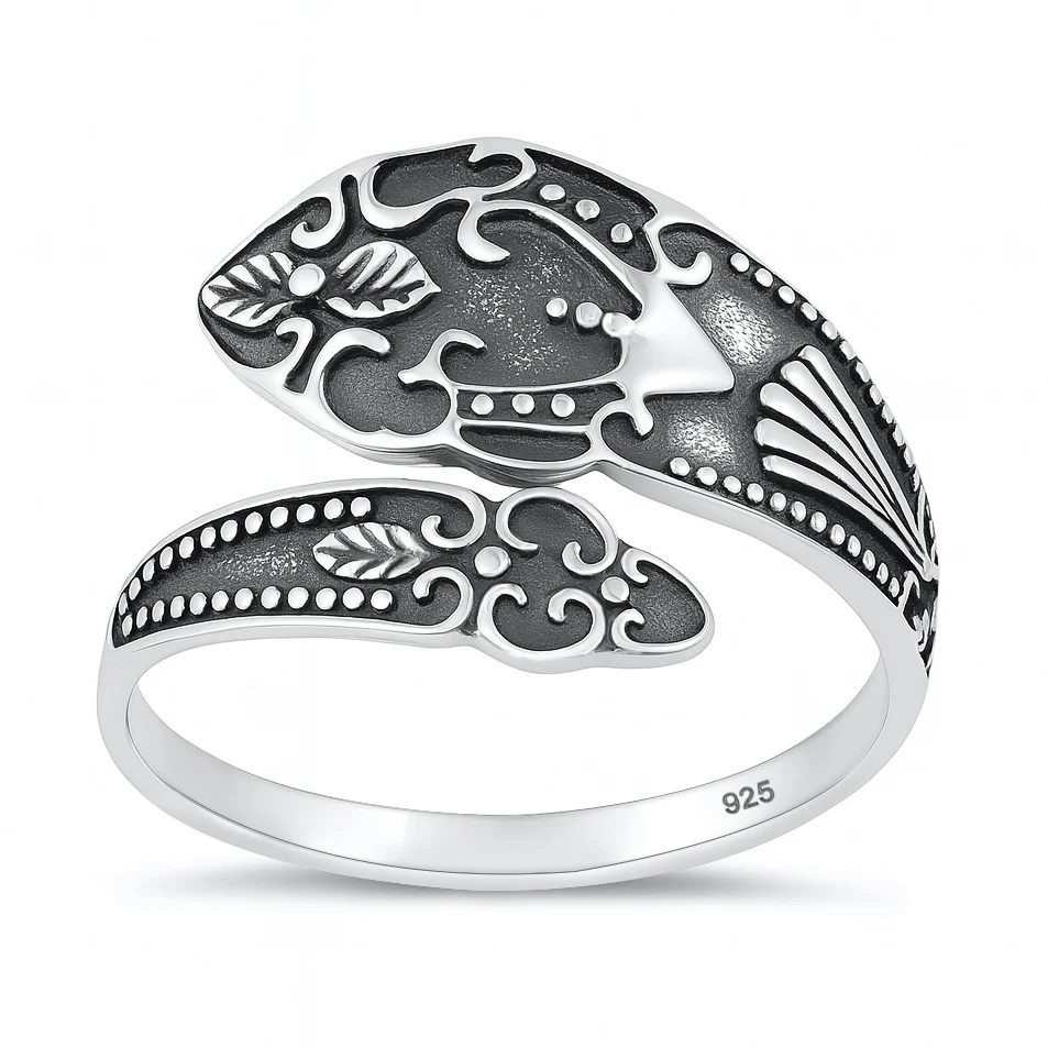 Sterling Silver Oxidized And Polished Floral Spoon Ring