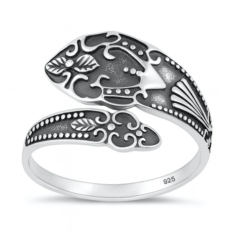 Sterling Silver Oxidized And Polished Floral Spoon Ring