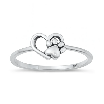 Sterling Silver Oxidized Paw Print And Heart Ring