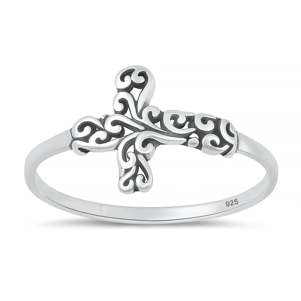 Sterling Silver Oxidized And Polished Ornate Filigree Cross Ring