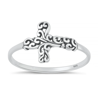 Sterling Silver Oxidized And Polished Ornate Filigree Cross Ring