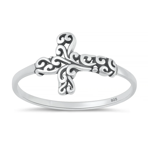 Sterling Silver Oxidized And Polished Ornate Filigree Cross Ring