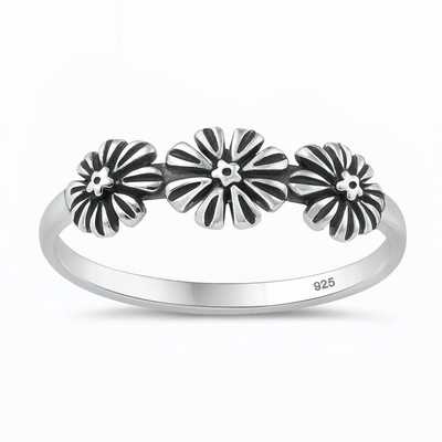 Sterling Silver Oxidized And Polished Three Flowers Ring
