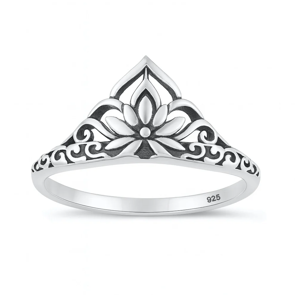 Sterling Silver Oxidized And Polished Lotus Ring