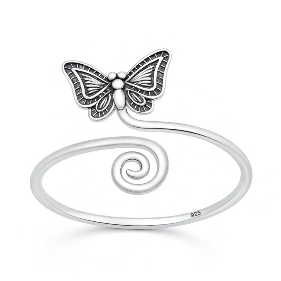 Sterling Silver Oxidized And Polished 16.5mm Butterfly Ring