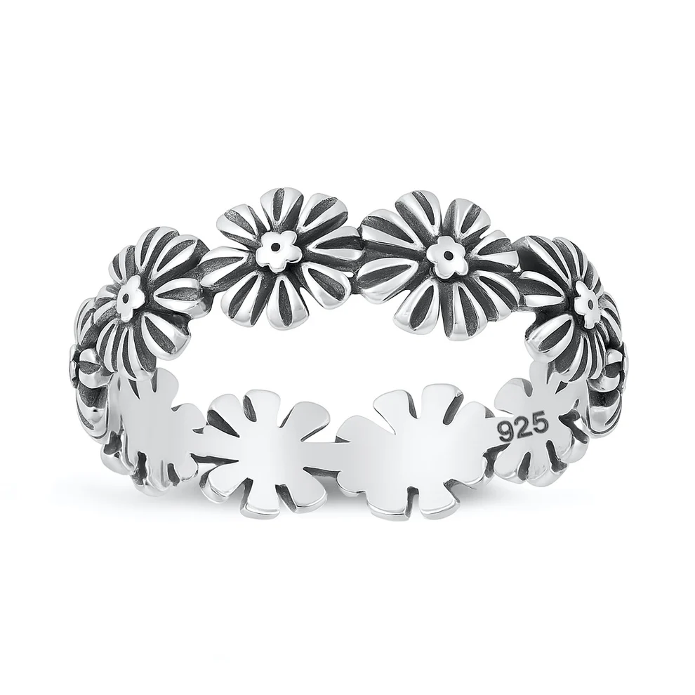 Sterling Silver Oxidized And Polished 5.7mm Flowers Ring