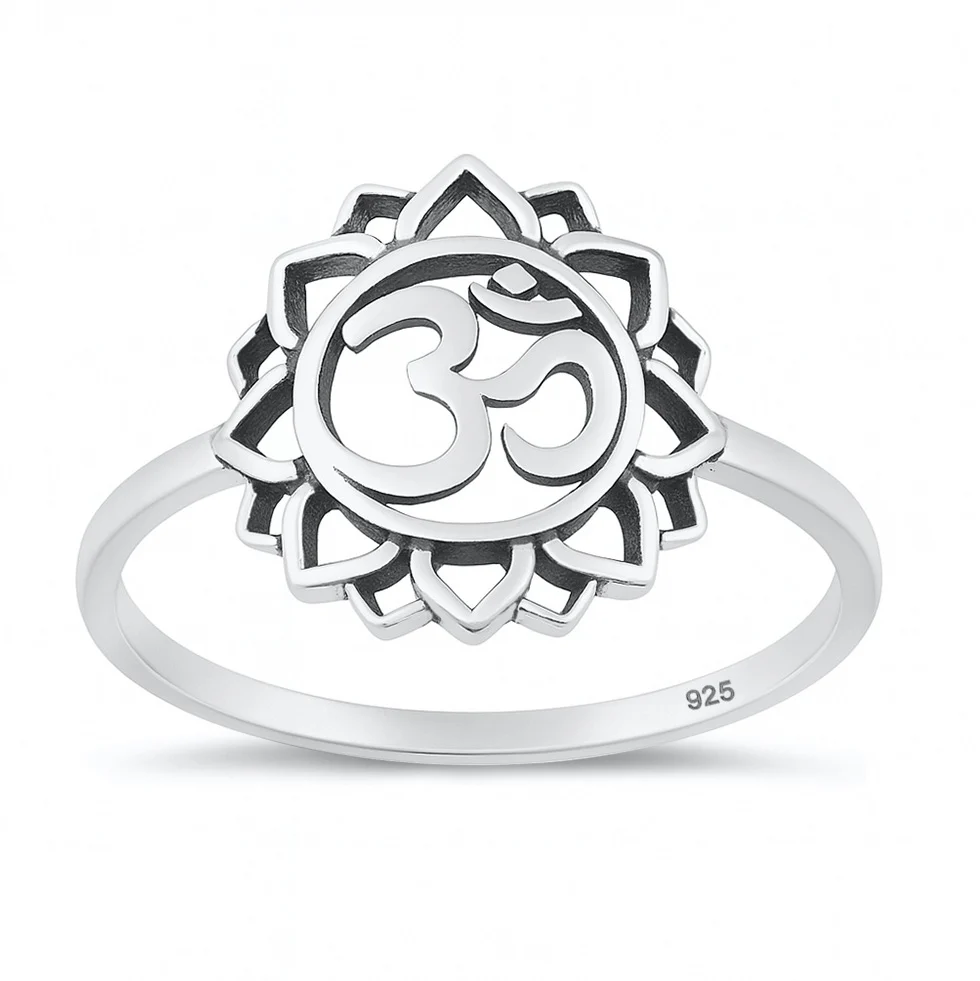 Sterling Silver Oxidized And Polished Om In Mandala Ring