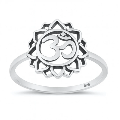 Sterling Silver Oxidized And Polished Om In Mandala Ring