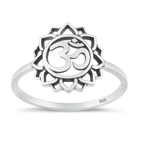Sterling Silver Oxidized And Polished Om In Mandala Ring