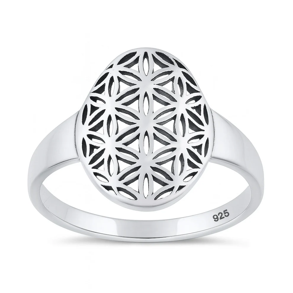Sterling Silver Oxidized And Polished Flower Of Life Ring