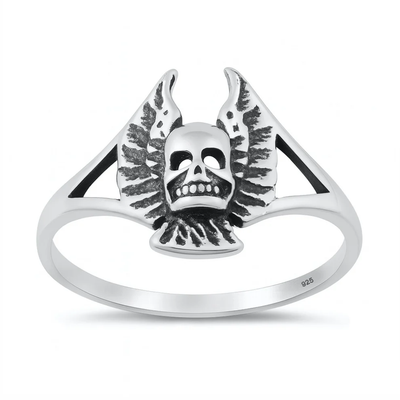 Sterling Silver Oxidized And Polished Winged Skull Ring