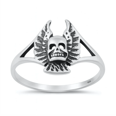 Sterling Silver Oxidized And Polished Winged Skull Ring