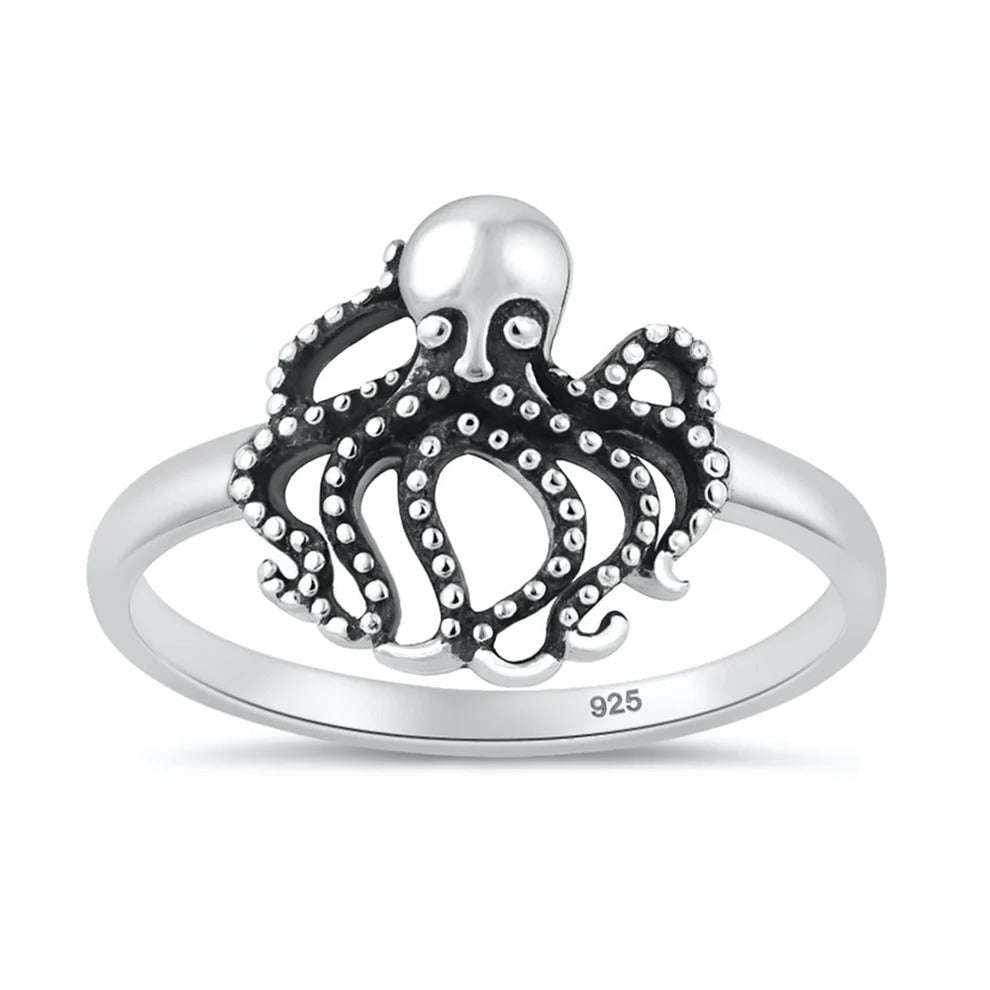 Sterling Silver Oxidized And Polished 13.1mm Octopus Ring