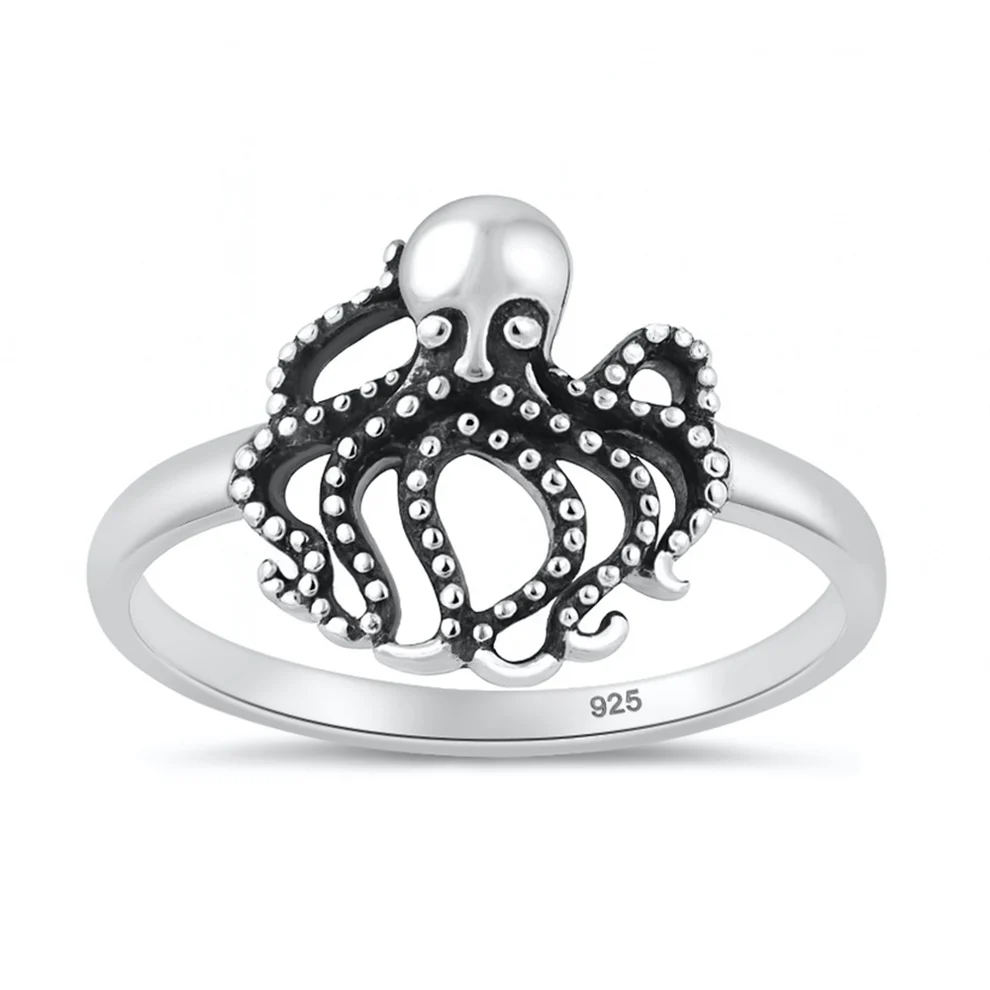 Sterling Silver Oxidized And Polished Octopus Ring