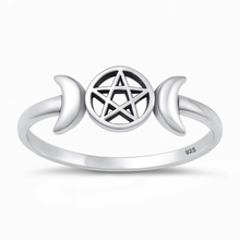 Load image into Gallery viewer, Sterling Silver Oxidized And Polished Triple Moon Pentacle Ring