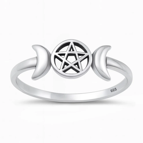 Sterling Silver Oxidized And Polished Triple Moon Pentacle Ring