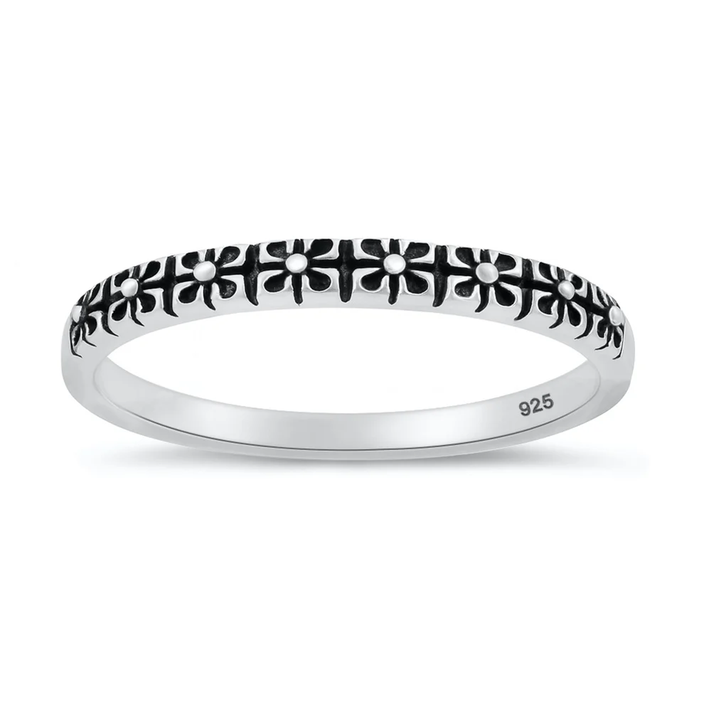 Sterling Silver Oxidized And Polished Floral Band Ring