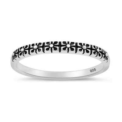 Sterling Silver Oxidized And Polished Floral Band Ring