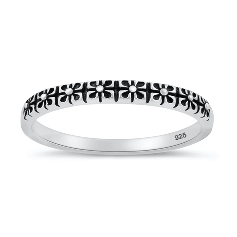 Sterling Silver Oxidized And Polished Floral Band Ring