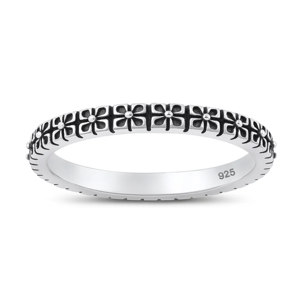 Sterling Silver Oxidized And Polished Flower Band Ring