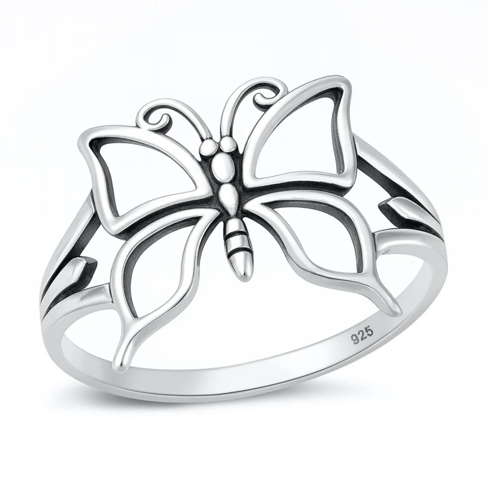 Sterling Silver Oxidized And Polished 15mm Butterfly Ring