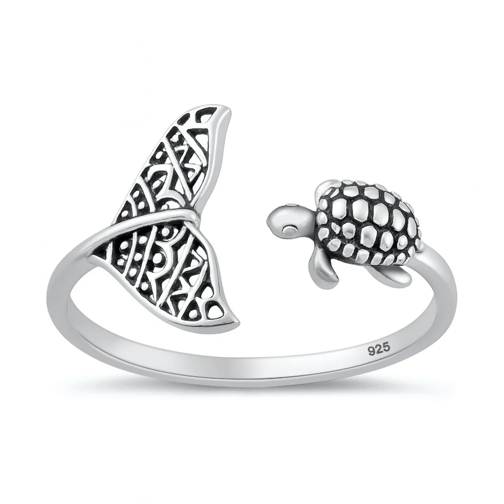 Sterling Silver Oxidized And Polished Whale Tail And Sea Turtle Ring