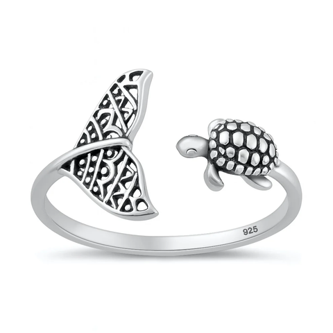 Sterling Silver Oxidized And Polished Whale Tail And Sea Turtle Ring