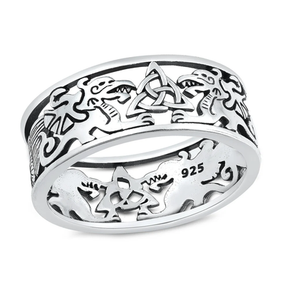 Sterling Silver Oxidized And High Polished Celtic Triquetra And Dragons Ring