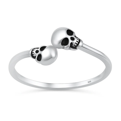 Sterling Silver Oxidized And Polished Skull Heads Ring