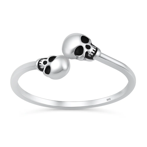Sterling Silver Oxidized And Polished Skull Heads Ring
