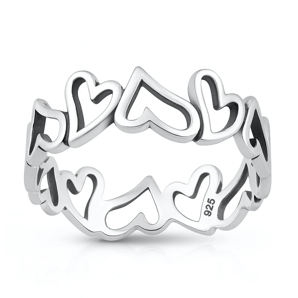 Sterling Silver Oxidized And Polished Open Hearts Band Ring