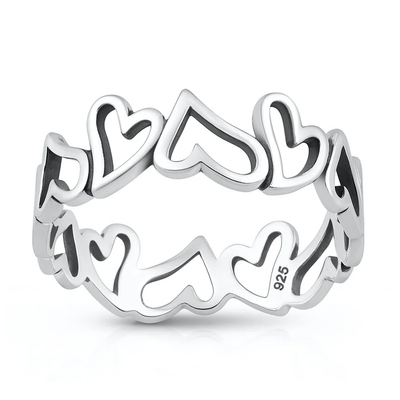 Sterling Silver Oxidized And Polished Open Hearts Band Ring