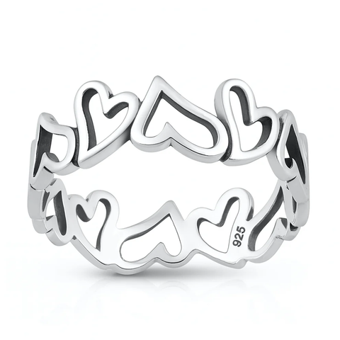 Sterling Silver Oxidized And Polished Open Hearts Band Ring
