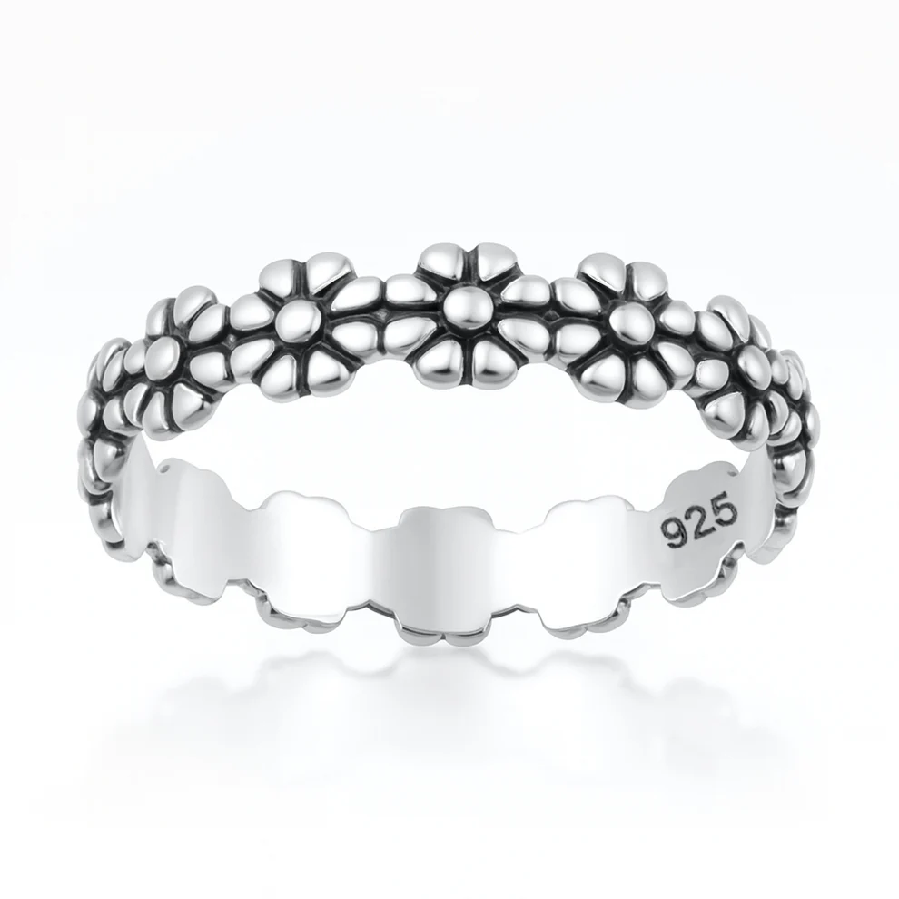 Sterling Silver Oxidized And Polished Daisy Flower Band Ring