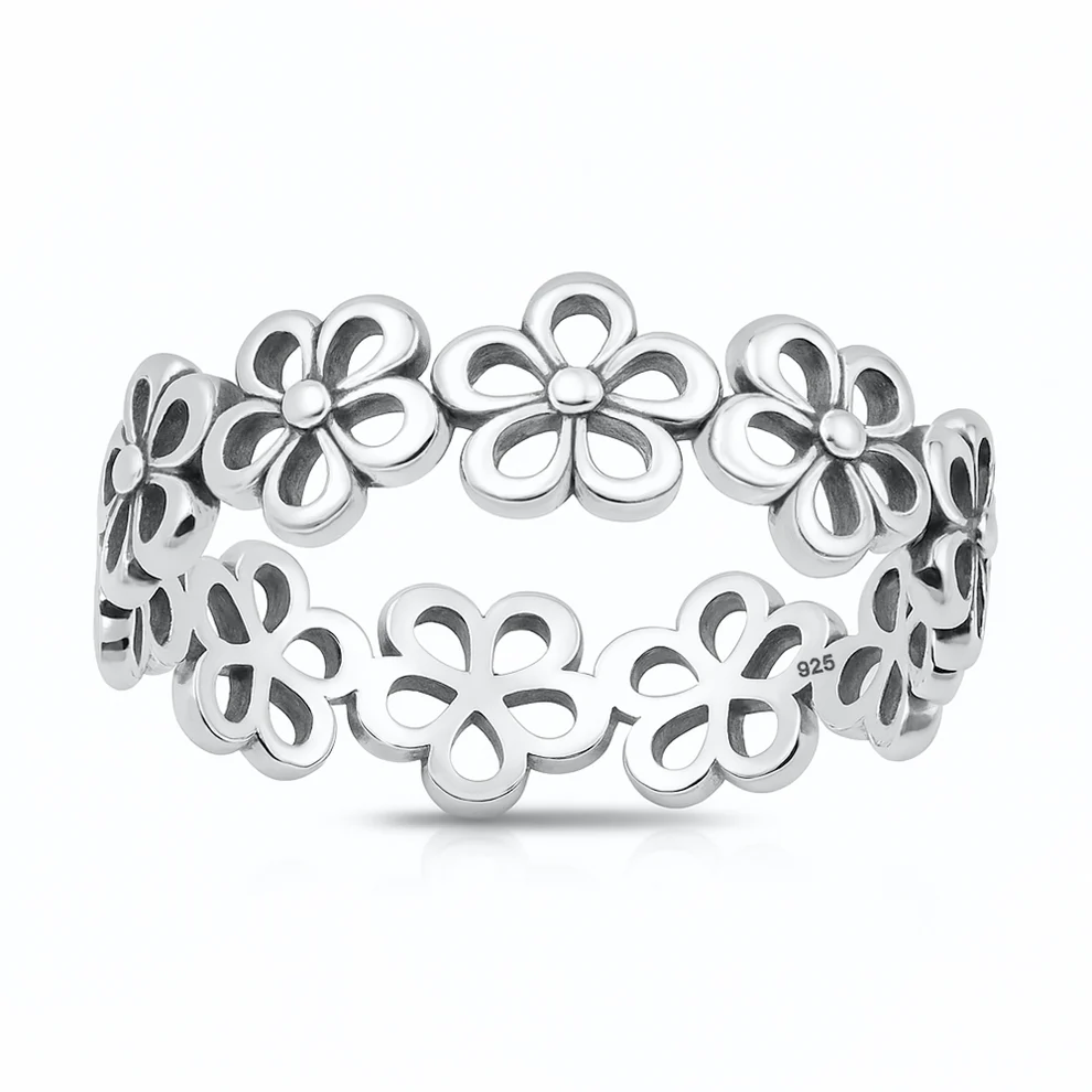 Sterling Silver Oxidized And Polished Flower Band Ring
