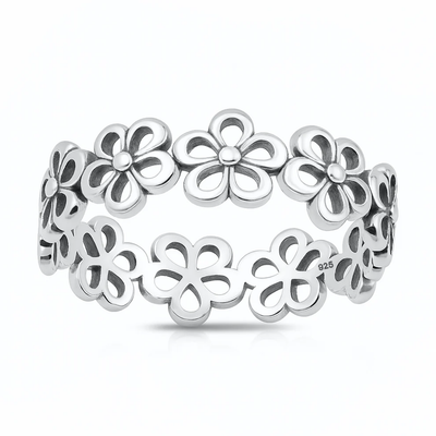 Sterling Silver Oxidized And Polished Flower Band Ring