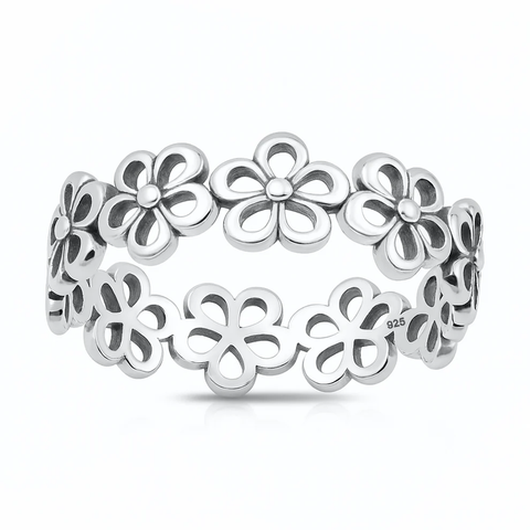 Sterling Silver Oxidized And Polished Flower Band Ring