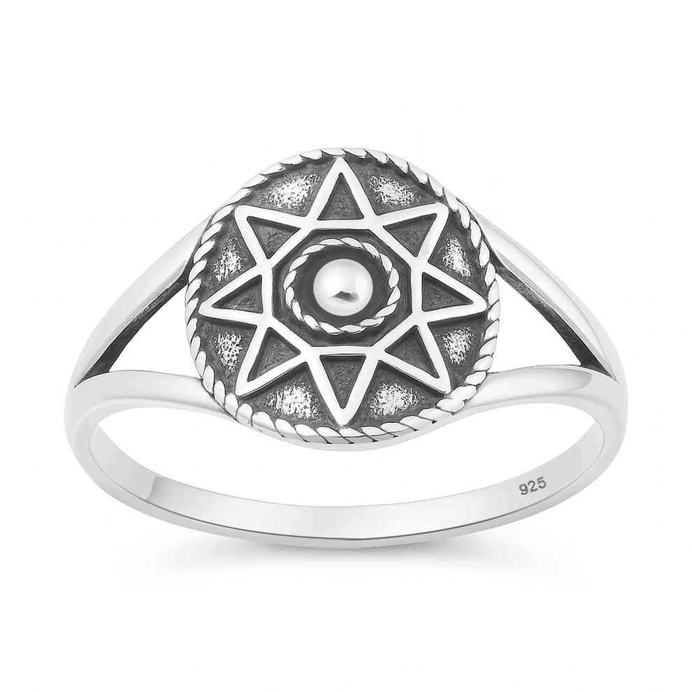 Sterling Silver Oxidized And Polished Star Pattern Ring