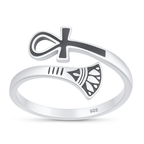 Sterling Silver Oxidized And Polished Ankh And Lotus Ring
